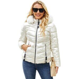 Women's White 100% Polyester Shinny Zip-up Winter Warm Quilted Puffer Jacket